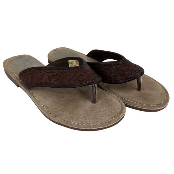 Roper Leather Embossed Western Thong Sandals Size 6 - Picture 1 of 8